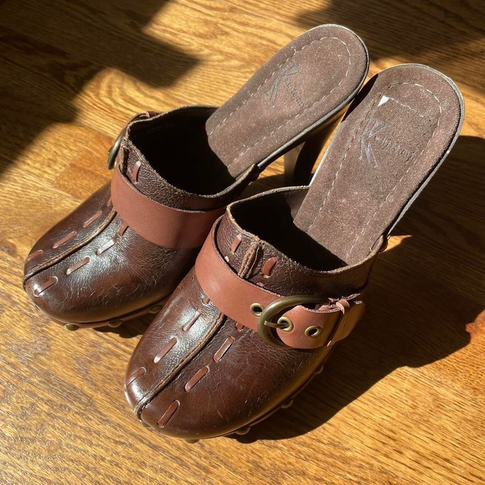 Brown wooden & leather clogs by White Mt.